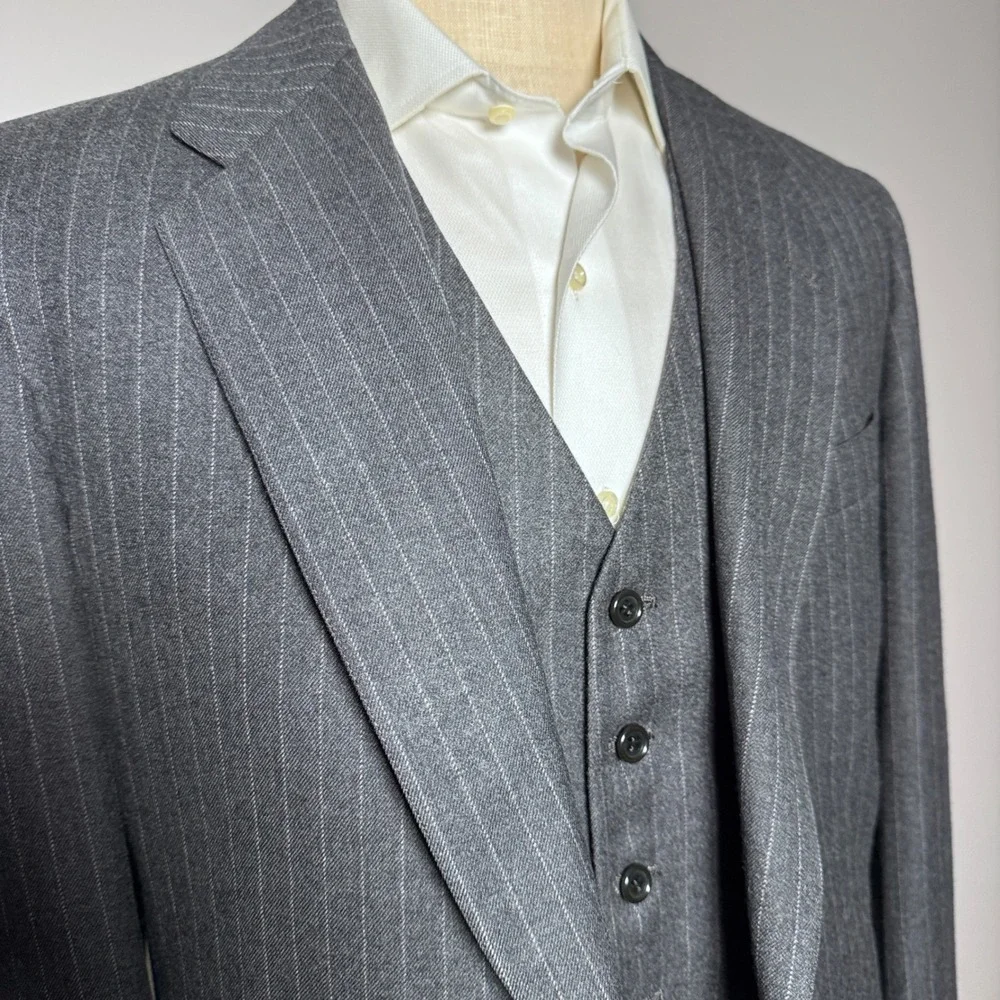1980s The English Shop 3-Piece Suit Mens 40L 30W Gray Pinstripe Wool Vintage